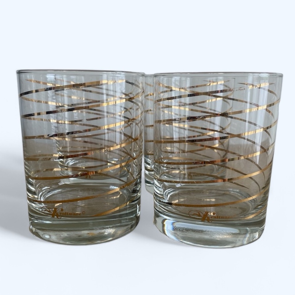 Kraftware MCM Gold Ribbon Swirl Glassware/Barware - set of 4